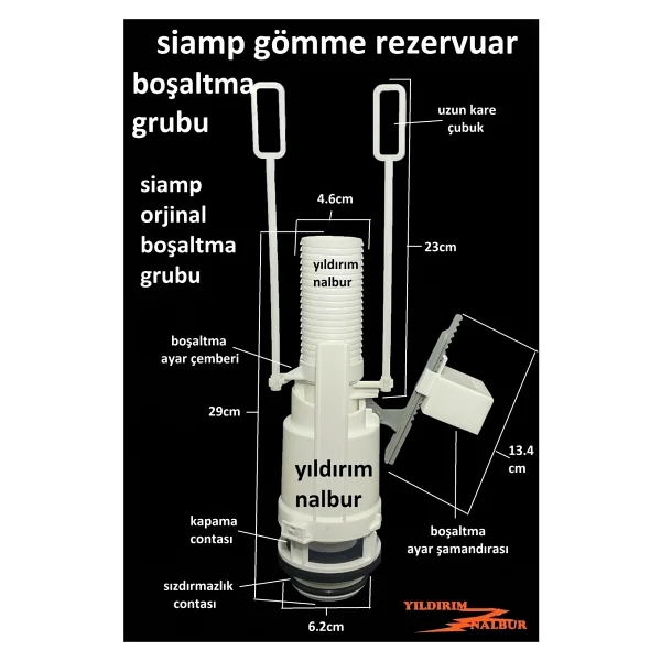 Siamp Uzun Kare Gömme Rezervuar İç Takım Orta Göbek Boşaltma Grubu Beyaz Renkli Model - Görsel 2