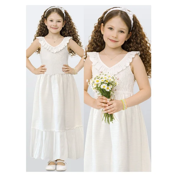 Denokids Kız Çocuk Beyaz Elbise Uzun Boy Fırfırlı Yazlık 4-10 Yaş - Görsel 8