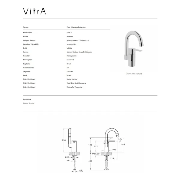 Artema Fold S A42534 Döner Borulu Lavabo Bataryası - Görsel 2