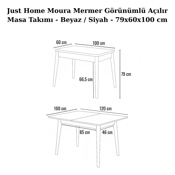 Just Home Moura Mermer Görünümlü Açılır Masa Takımı - Beyaz / Siyah - 79x60x100 cm - Görsel 8