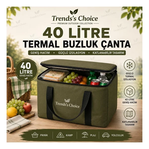 Trends's Choice 40 Litre Termal Buzluk Çanta Katlanabilir Piknik Kamp Plaj ve Yolculuk Için Soğuk Sıcak Koruyucu Seyehat Çantası - Haki - Görsel 8