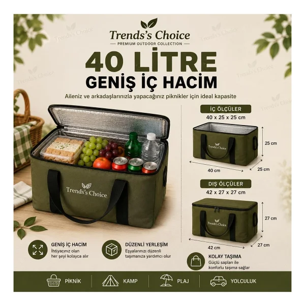 Trends's Choice 40 Litre Termal Buzluk Çanta Katlanabilir Piknik Kamp Plaj ve Yolculuk Için Soğuk Sıcak Koruyucu Seyehat Çantası - Haki - Görsel 2