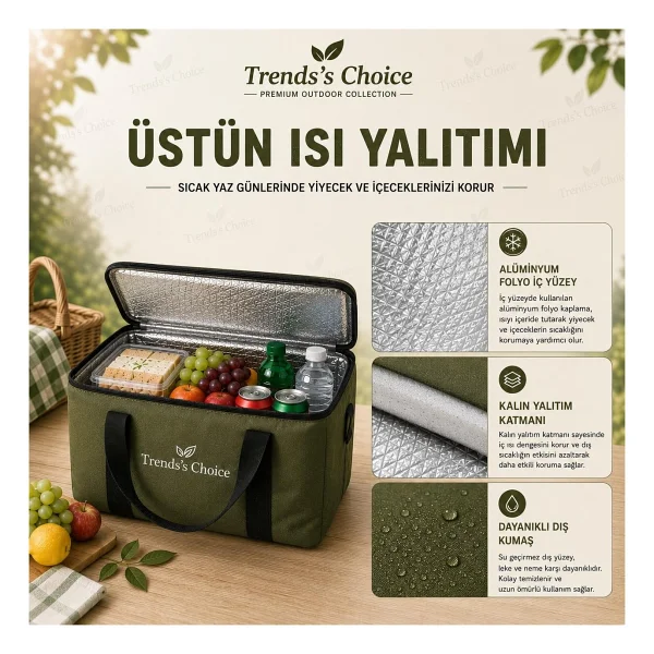 Trends's Choice 40 Litre Termal Buzluk Çanta Katlanabilir Piknik Kamp Plaj ve Yolculuk Için Soğuk Sıcak Koruyucu Seyehat Çantası - Haki - Görsel 4