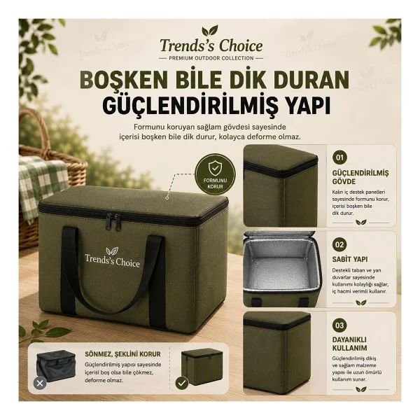 Trends's Choice 40 Litre Termal Buzluk Çanta Katlanabilir Piknik Kamp Plaj ve Yolculuk Için Soğuk Sıcak Koruyucu Seyehat Çantası - Haki - Görsel 6