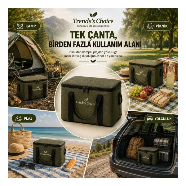 Trends's Choice 40 Litre Termal Buzluk Çanta Katlanabilir Piknik Kamp Plaj ve Yolculuk Için Soğuk Sıcak Koruyucu Seyehat Çantası - Haki - Görsel 3