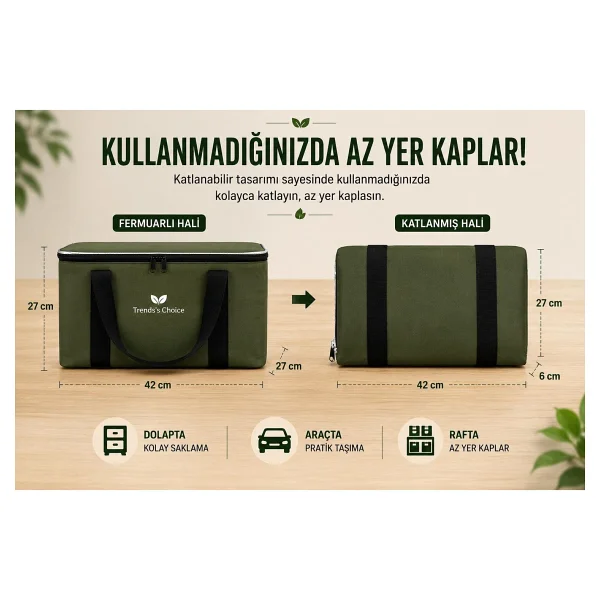 Trends's Choice 40 Litre Termal Buzluk Çanta Katlanabilir Piknik Kamp Plaj ve Yolculuk Için Soğuk Sıcak Koruyucu Seyehat Çantası - Haki - Görsel 7