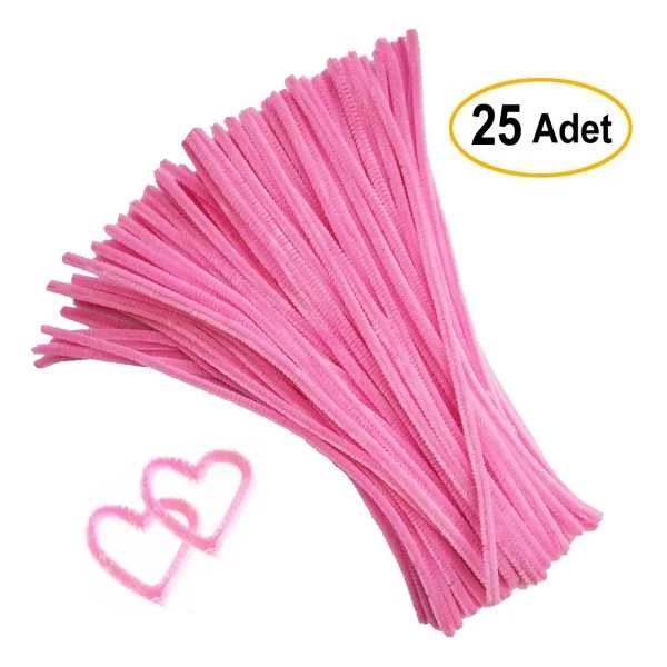 25'li Pembe Renkli Şönil, Eğitici Şönil Seti, Tüylü Tel, 30 Cm, Peluş Tel - Görsel 7