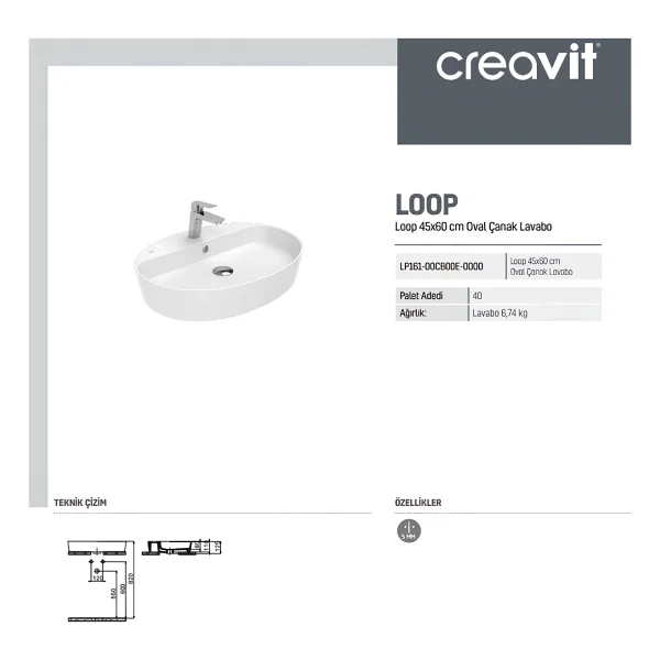 Creavit Loop LP161 40x60 cm Tezgah Üstü Oval Çanak Lavabo - Görsel 6