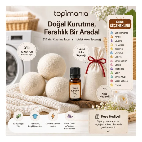 Topimania Doğal Yerli Üretim Yün Kurutma Topu Kurutma Topu Kokusu Hediyeli 3 adet - Görsel 7