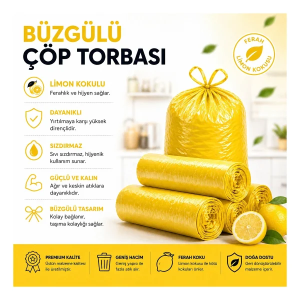 MSE HOLD Büzgülü Çöp Poşeti Çilek Limon Lavanta Kokulu 55x60 cm Orta Boy 3 Rulo - Görsel 2