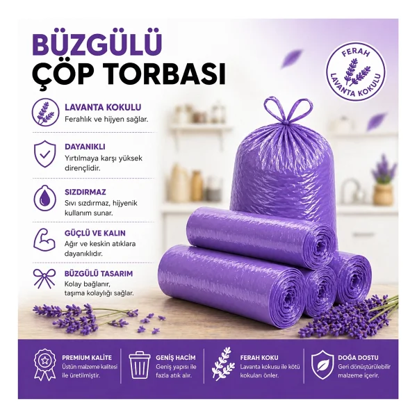 MSE HOLD Büzgülü Çöp Poşeti Çilek Limon Lavanta Kokulu 55x60 cm Orta Boy 3 Rulo - Görsel 3