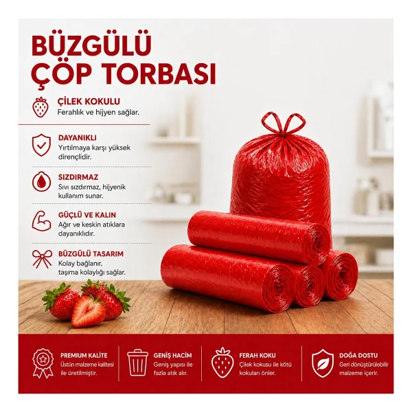 MSE HOLD Büzgülü Çöp Poşeti Çilek Limon Lavanta Kokulu 55x60 cm Orta Boy 3 Rulo - Görsel 4