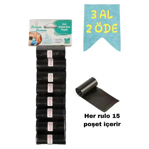 BAMM BAMM Kirli Bebek Bezi Poşeti Çanta Boy Siyah 8 Rulo (120 Adet) - Görsel 4