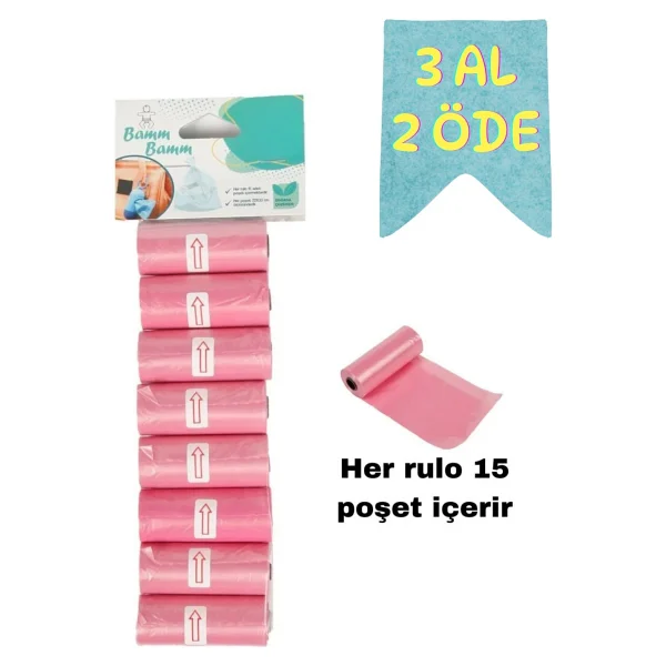 BAMM BAMM Kirli Bebek Bezi Poşeti Çanta Boy Pembe 8 Rulo (120 ADET) - Görsel 7