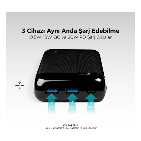 Ttec PowerSlim Pro LCD 2BB186S 20000 mAh Hızlı Şarj Powerbank - Görsel 5