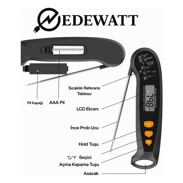 edewatt Paslanmaz Çelik Problu Dijital Mutfak Yemek Termometresi Sıcaklık Ölçer Hızlı Ölçüm PİL DAHİLDİR - Görsel 3