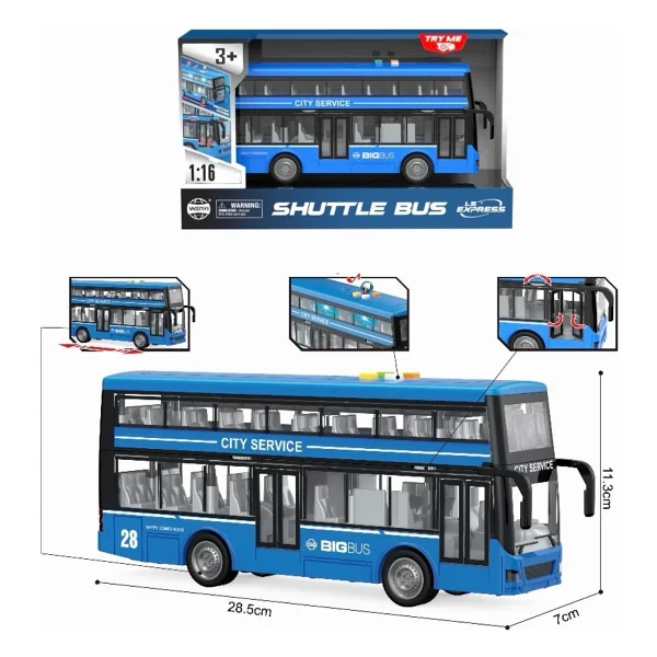 Brother Toys Turist Gezi Otobüsü Iki Katlı Ön ve Orta Kapısı Açılabilen Sesli Işıklı Oyuncak Şehir Otobüs 27 cm - Mavi - Görsel 3