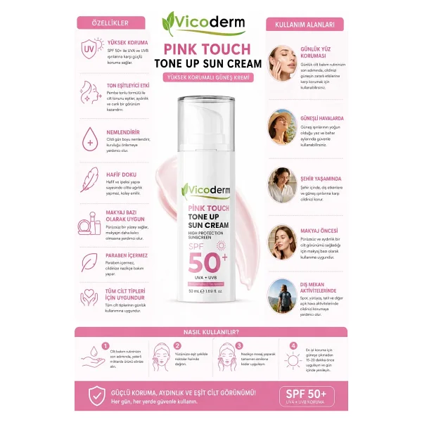Vicoderm Pınk Touch Ton Eşitleyici Aydınlatıcı Güneş Kremi 50ML - Görsel 2
