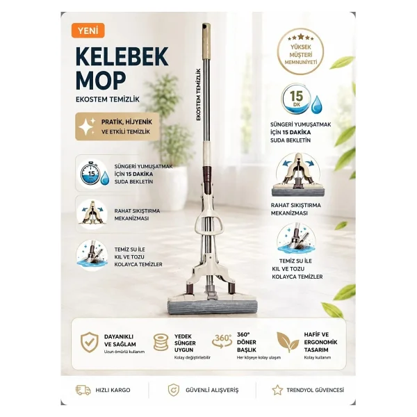 Kelebek Sıkma Mekanizmalı Mikrofiber Sünger Sıkmalı Mop - Görsel 3