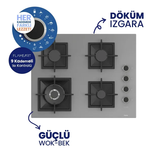 Ferre Gri 2'li Döküm Izgara Silentart Ankastre Set Sc408-wfa+d065-sa 65 Cm Ocak - Görsel 2