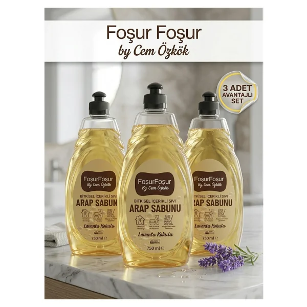 Foşur Foşur By Cem Özkök Lavanta Kokulu Bitkisel Sıvı Arap Sabunu 750 ml 3 Adet Doğal Temizlik ve Ferahlık - Sarı - Görsel 3