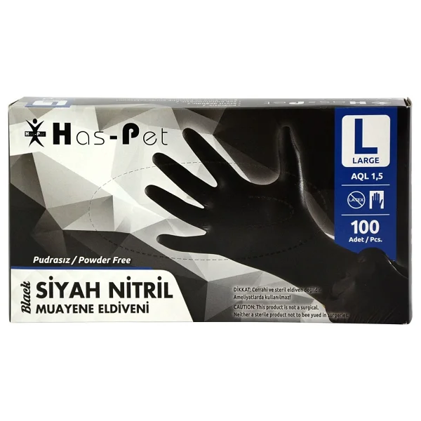Has-Pet Pudrasız Siyah Nitril Büyük Boy (L) 100'lü Muayene Eldiveni - Görsel 2