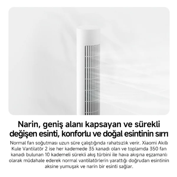 Xiaomi Smart Tower Akıllı Kule Tipi Vantilatör - 10 Metre Güçlü Hava Akışı, 150° Geniş Salınım, 100 Kademeli Hız Ayarı, Sessiz Inverter Motor, Wi-Fi ve Xiaomi Home Uygulama Kontrolü - Beyaz - Görsel 5