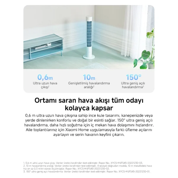 Xiaomi Smart Tower Akıllı Kule Tipi Vantilatör - 10 Metre Güçlü Hava Akışı, 150° Geniş Salınım, 100 Kademeli Hız Ayarı, Sessiz Inverter Motor, Wi-Fi ve Xiaomi Home Uygulama Kontrolü - Beyaz - Görsel 9