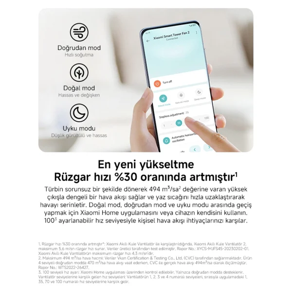 Xiaomi Smart Tower Akıllı Kule Tipi Vantilatör - 10 Metre Güçlü Hava Akışı, 150° Geniş Salınım, 100 Kademeli Hız Ayarı, Sessiz Inverter Motor, Wi-Fi ve Xiaomi Home Uygulama Kontrolü - Beyaz - Görsel 10