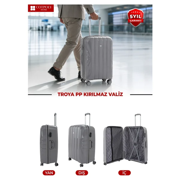 Cotpoly Troya Polipropilen Gri Kabin + Orta Boy 2'li Valiz Seti - Görsel 3
