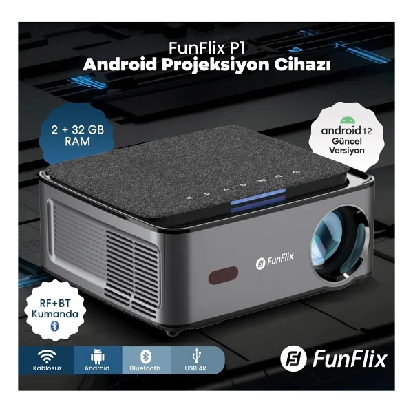 Funflix P1A Android 4K Destekli LED Full Hd Projeksiyon Cihazı, 2gb Ram 32 GB Depo, Bluetooth Kumanda, 150W Lamba, 300 Inç Görüntü - 0 - Siyah - Görsel 9
