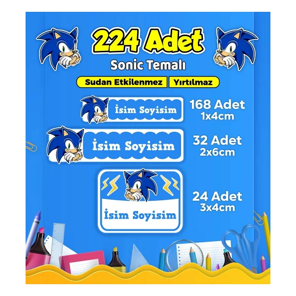 Sb Store Sonic Okul Kreş Etiketi Kalem Defter Özel Isim Yazılabilen Etiket Seti Model 20 - 224 Adet - Görsel 4