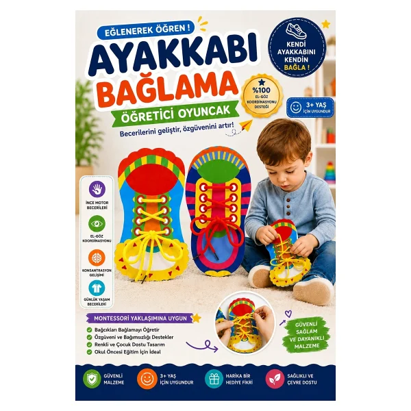 Tineke Montessori Ayakkabı Bağlama Eğitici Oyuncak İnce Motor Beceri Geliştirici Erkek ve Kız 3+ Yaş - Görsel 6