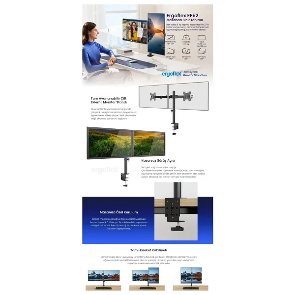 Ergoflex EF52 13-27 inç İki Kollu Monitör Standı - Görsel 8