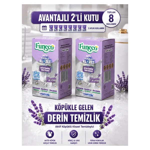 FUNECO Lavanta Ferahlığı - Avantajlı Paket - 2 Kutu - 8 Paket - Tuvalet Klozet Temizleyici, Aktif Köpüklü - Görsel 6