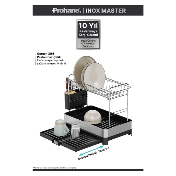 Prohane Inox Master KD400 Genişletilebilir 2 Katlı Bulaşıklık 304 Paslanmaz Çelik Su Tahliyeli Tezgah Üstü Kurutmalık - Siyah - Görsel 9