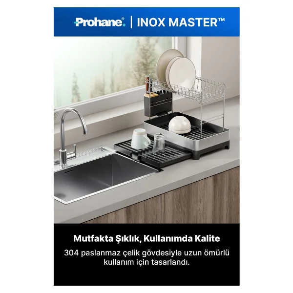 Prohane Inox Master KD400 Genişletilebilir 2 Katlı Bulaşıklık 304 Paslanmaz Çelik Su Tahliyeli Tezgah Üstü Kurutmalık - Siyah - Görsel 2