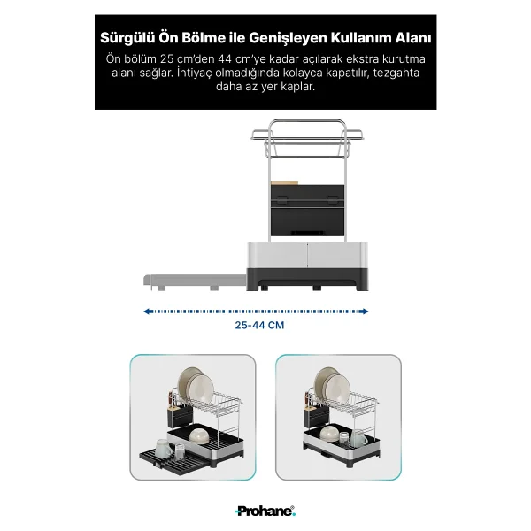 Prohane Inox Master KD400 Genişletilebilir 2 Katlı Bulaşıklık 304 Paslanmaz Çelik Su Tahliyeli Tezgah Üstü Kurutmalık - Siyah - Görsel 3