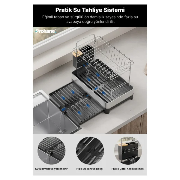 Prohane Inox Master KD400 Genişletilebilir 2 Katlı Bulaşıklık 304 Paslanmaz Çelik Su Tahliyeli Tezgah Üstü Kurutmalık - Siyah - Görsel 4
