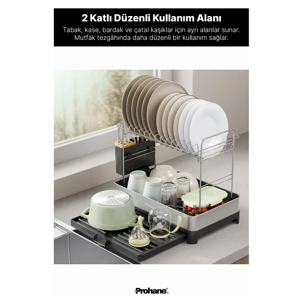 Prohane Inox Master KD400 Genişletilebilir 2 Katlı Bulaşıklık 304 Paslanmaz Çelik Su Tahliyeli Tezgah Üstü Kurutmalık - Siyah - Görsel 5