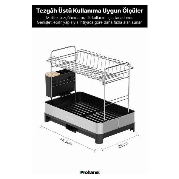 Prohane Inox Master KD400 Genişletilebilir 2 Katlı Bulaşıklık 304 Paslanmaz Çelik Su Tahliyeli Tezgah Üstü Kurutmalık - Siyah - Görsel 6