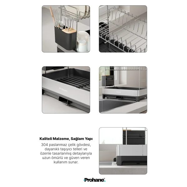 Prohane Inox Master KD400 Genişletilebilir 2 Katlı Bulaşıklık 304 Paslanmaz Çelik Su Tahliyeli Tezgah Üstü Kurutmalık - Siyah - Görsel 7