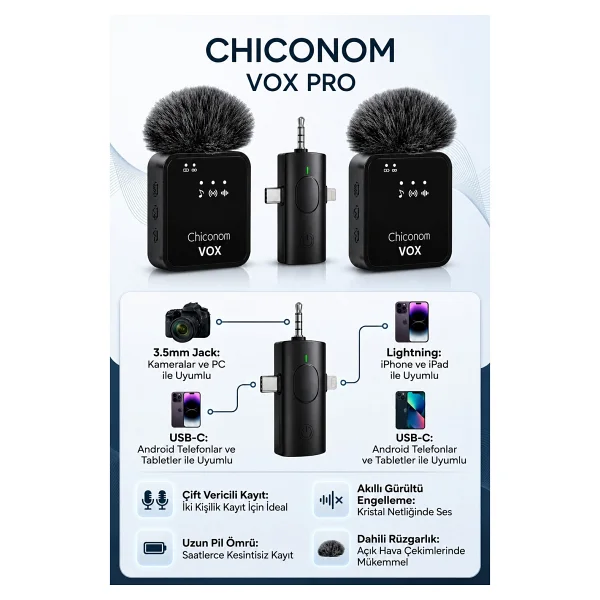 chiconom Onell Vox Pro 2'li Kablosuz Yaka Mikrofonu Type-C iPhone Android Uyumlu - Görsel 8