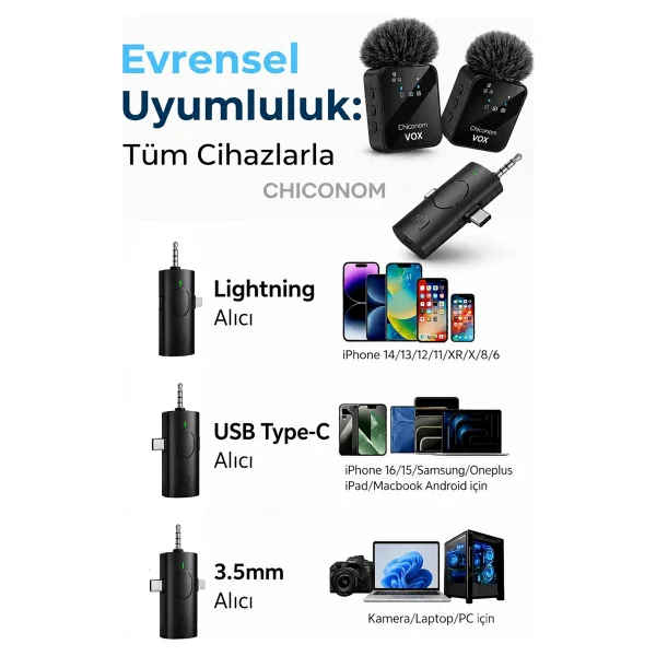 chiconom Onell Vox Pro 2'li Kablosuz Yaka Mikrofonu Type-C iPhone Android Uyumlu - Görsel 3