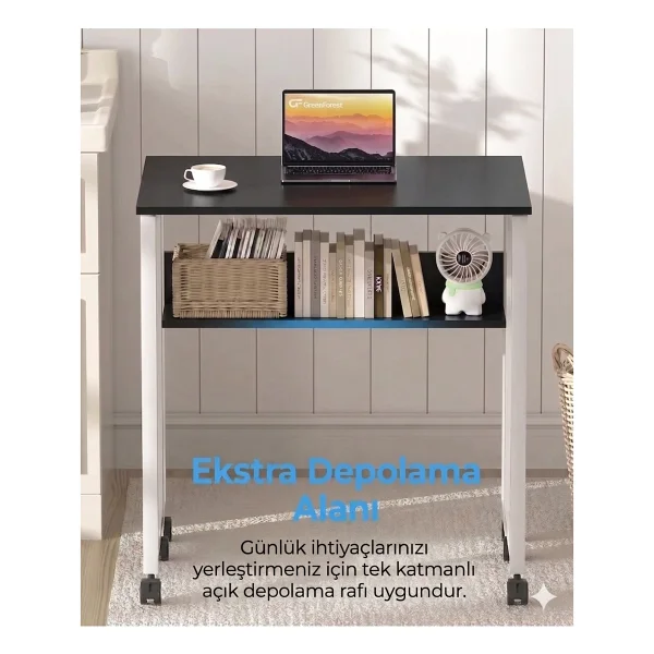 Sidney Kitaplık Raflı Katlanır Masa 70 Cm Tekerli Bilgisayar Masası Laptop Masası Beyaz Beyaz - Beyaz - Görsel 9