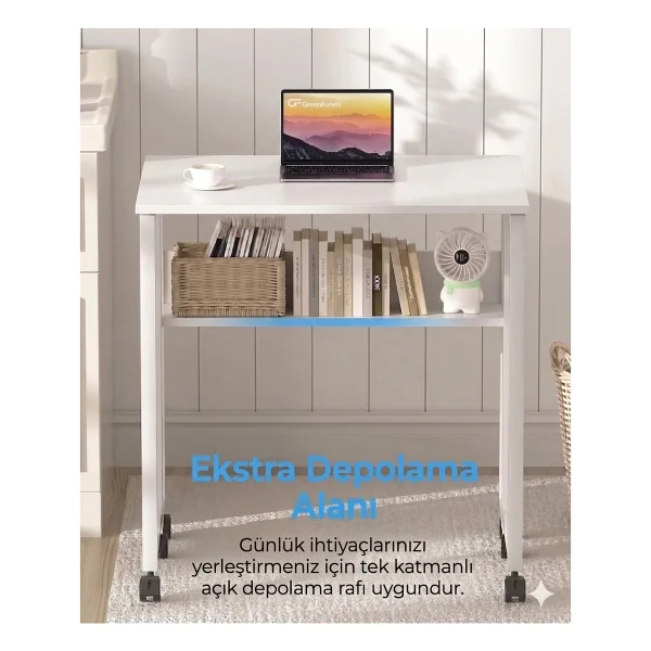 Sidney Kitaplık Raflı Katlanır Masa 70 Cm Tekerli Bilgisayar Masası Laptop Masası Beyaz Beyaz - Beyaz - Görsel 2