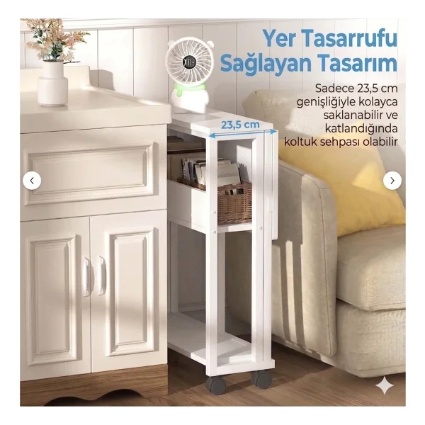 Sidney Kitaplık Raflı Katlanır Masa 70 Cm Tekerli Bilgisayar Masası Laptop Masası Beyaz Beyaz - Beyaz - Görsel 3