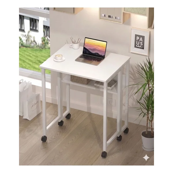 Sidney Kitaplık Raflı Katlanır Masa 70 Cm Tekerli Bilgisayar Masası Laptop Masası Beyaz Beyaz - Beyaz - Görsel 5