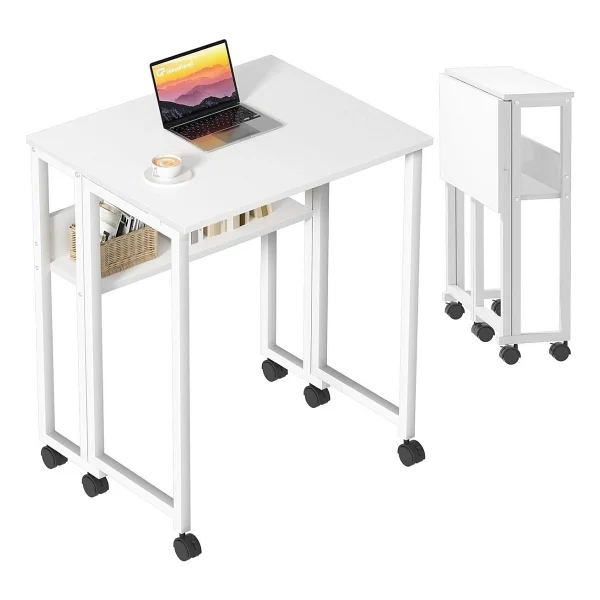 Sidney Kitaplık Raflı Katlanır Masa 70 Cm Tekerli Bilgisayar Masası Laptop Masası Beyaz Beyaz - Beyaz - Görsel 6