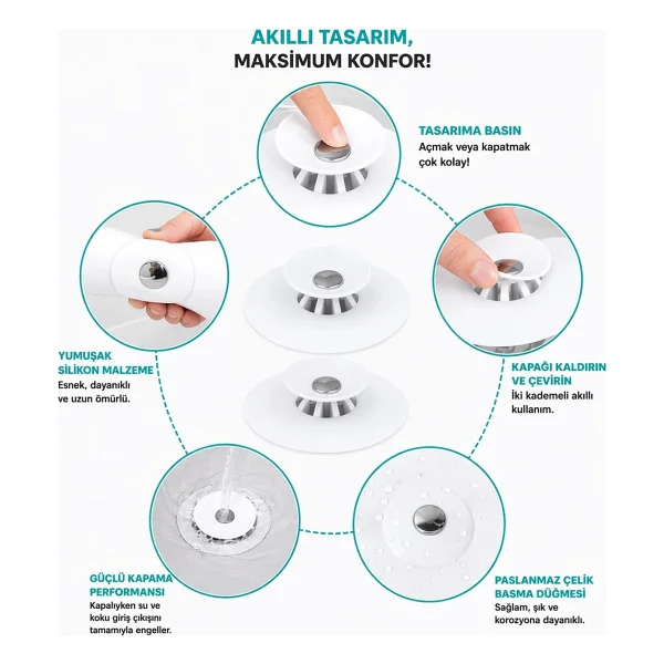 Mutfak Ve Banyo İçin Lavabo Ve Küvet Tıkacı Süzgeci Pratik Ve Esnek Tasarımlı Hijyenik Süzgeç Beyaz - Görsel 4